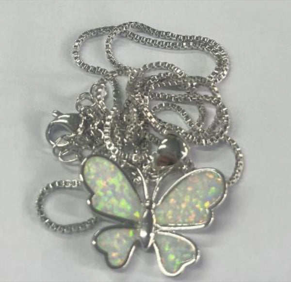 Silver-Tone White Simulated Opal Inlay Butterfly Pendant Necklace