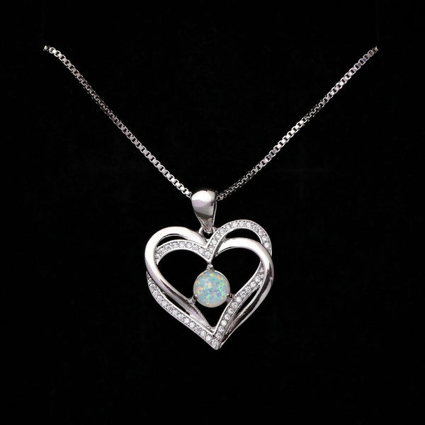 Silver-Tone White Round Crystal Heart Necklace