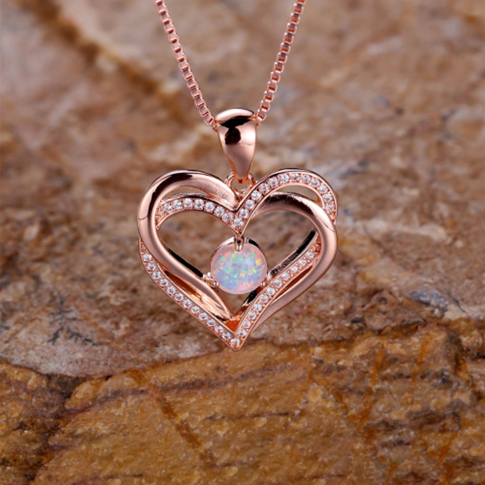 Champagne Gold-Tone White Round Crystal Heart Necklace