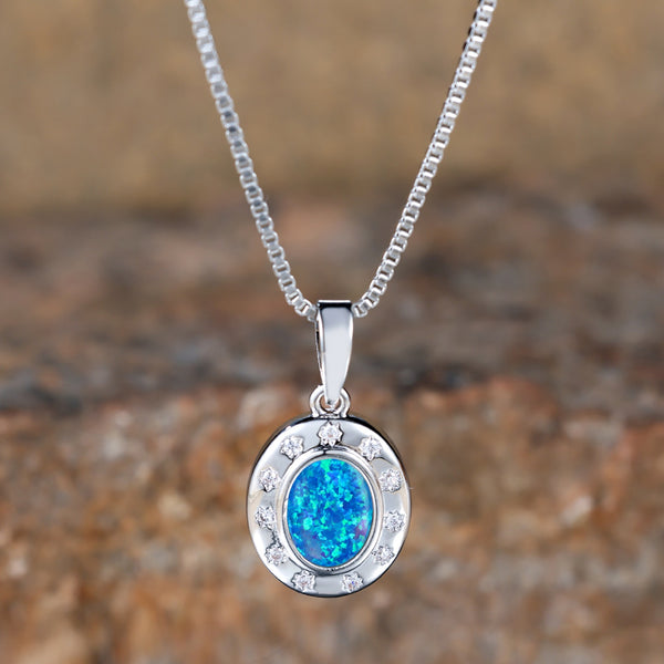 Silver-Tone Oval Blue Simulated Opal Crystal Medallion Pendant Necklace