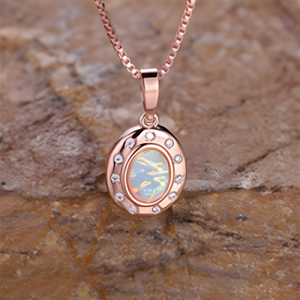 Champagne Gold-Tone White Simulated Opal Oval Medallion Pendant Necklace