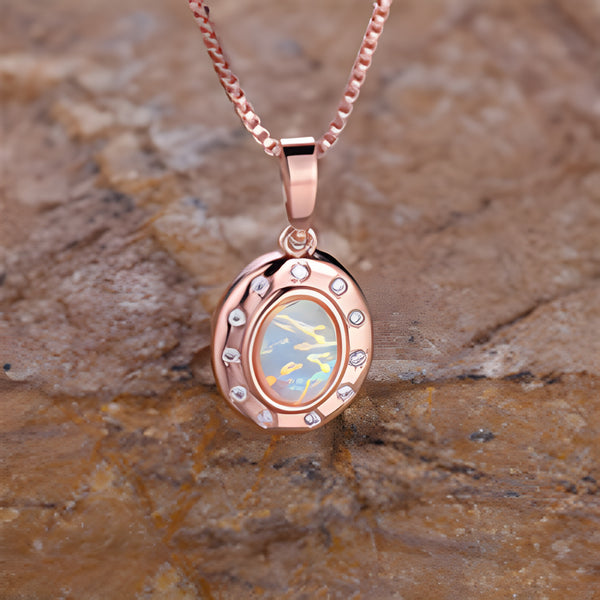 Champagne Gold-Tone White Simulated Opal Oval Medallion Pendant Necklace