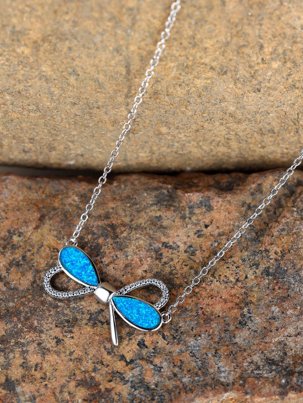 Silver-Tone Blue Simulated Opal Crossed Figure-Eight Bow Crystal Necklace
