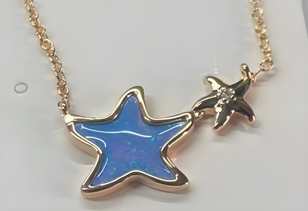 Champagne Gold-Tone Blue Simulated Opal Double Starfish Necklace