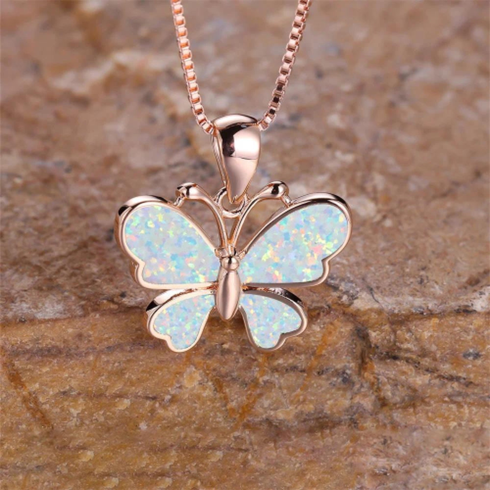 Champagne Gold-Tone White Simulated Opal Butterfly Pendant Necklace