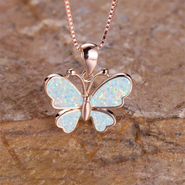 Champagne Gold-Tone White Simulated Opal Butterfly Pendant Necklace