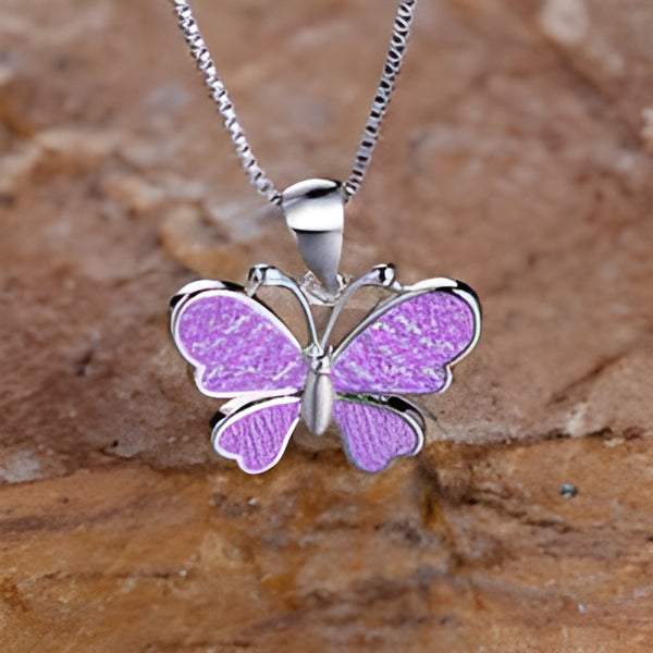 Silver-Tone Purple Simulated Opal Inlay Butterfly Pendant Necklace