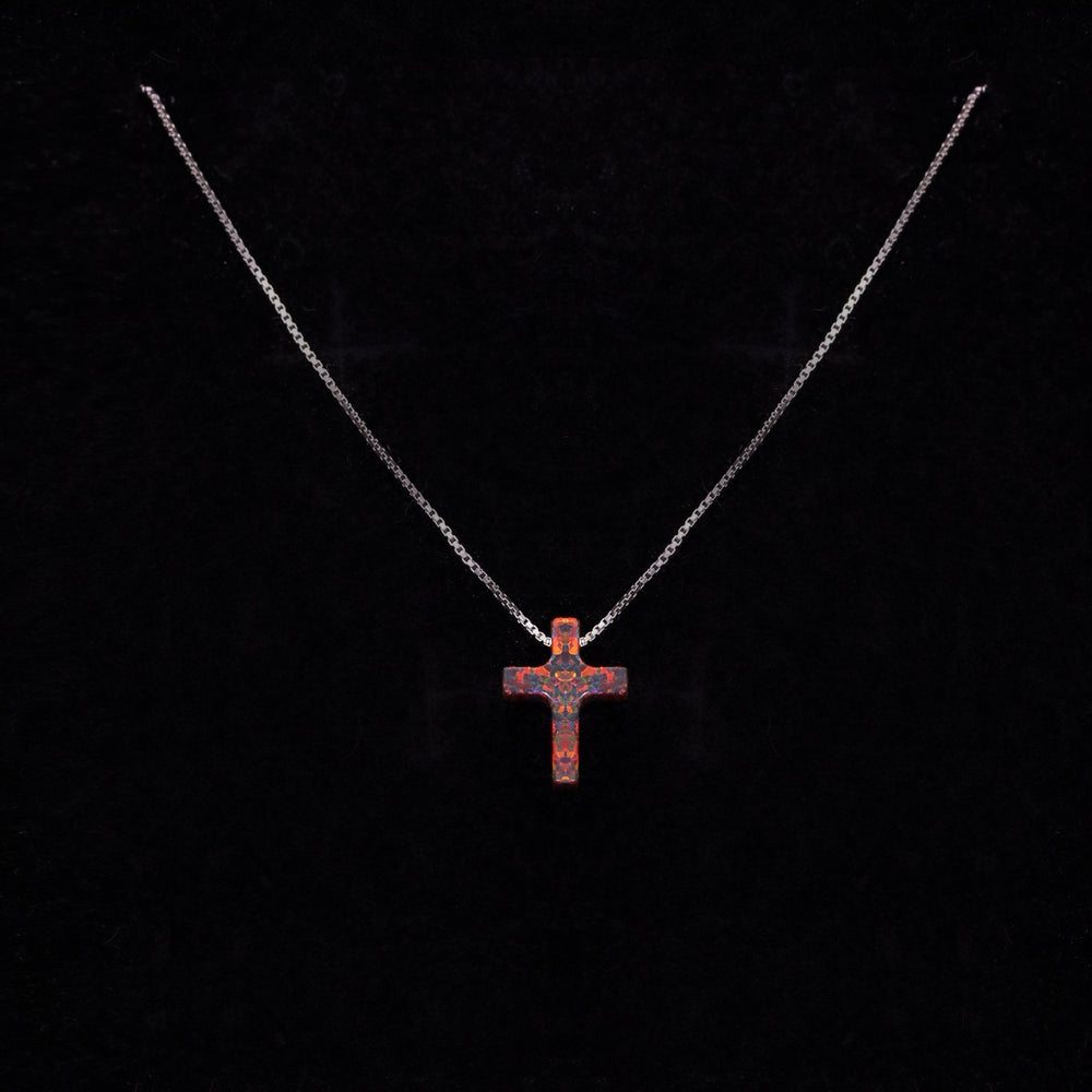 Sterling Silver Black Simulated Opal Mini Cross Pendant Necklace