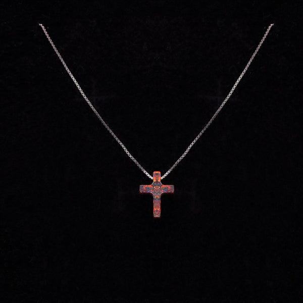 Sterling Silver Black Simulated Opal Mini Cross Pendant Necklace