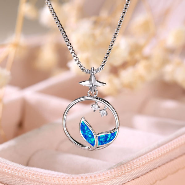 Silver-Tone Blue Simulated Opal Leaf Circle Pendant Necklace With Star Bail