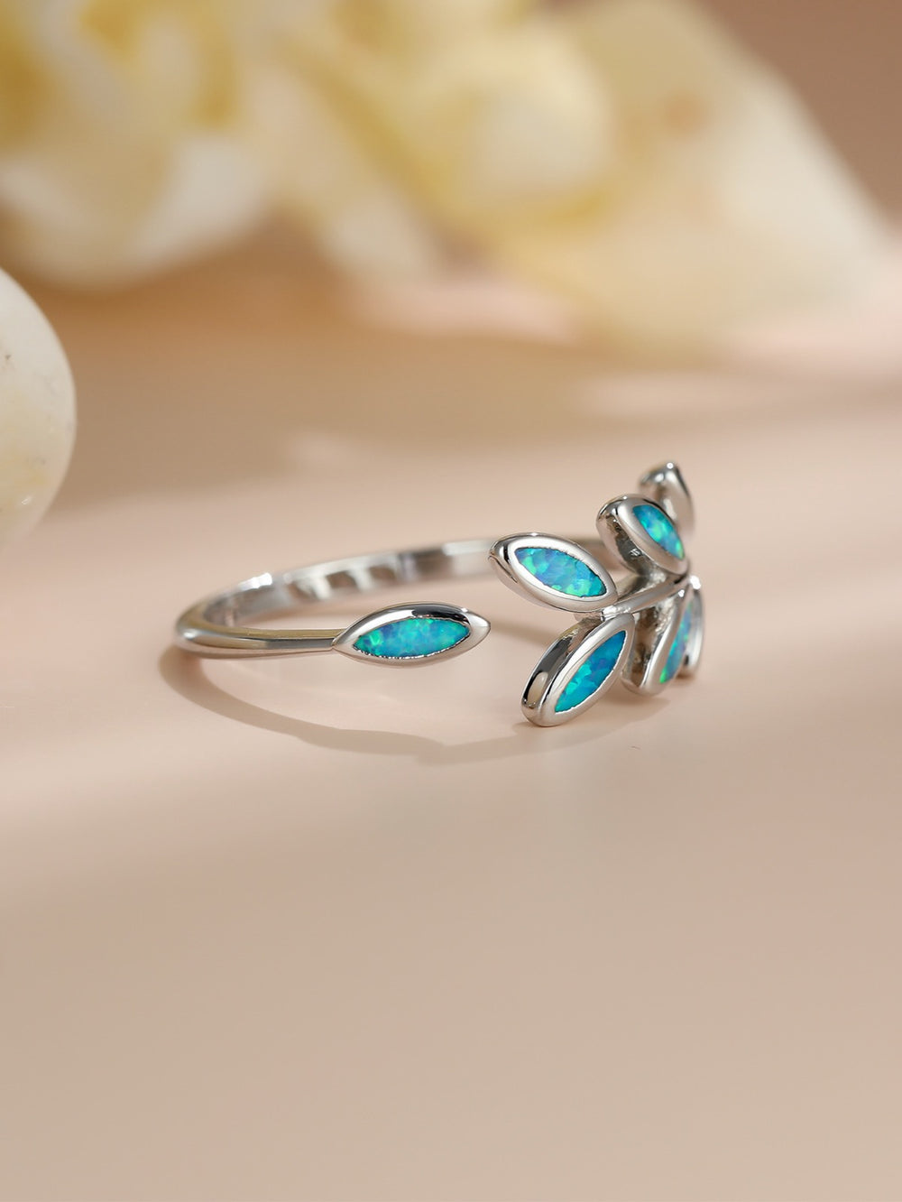 Silver-Tone Blue Simulated Opal Marquise Leaf Sprig Open Ring