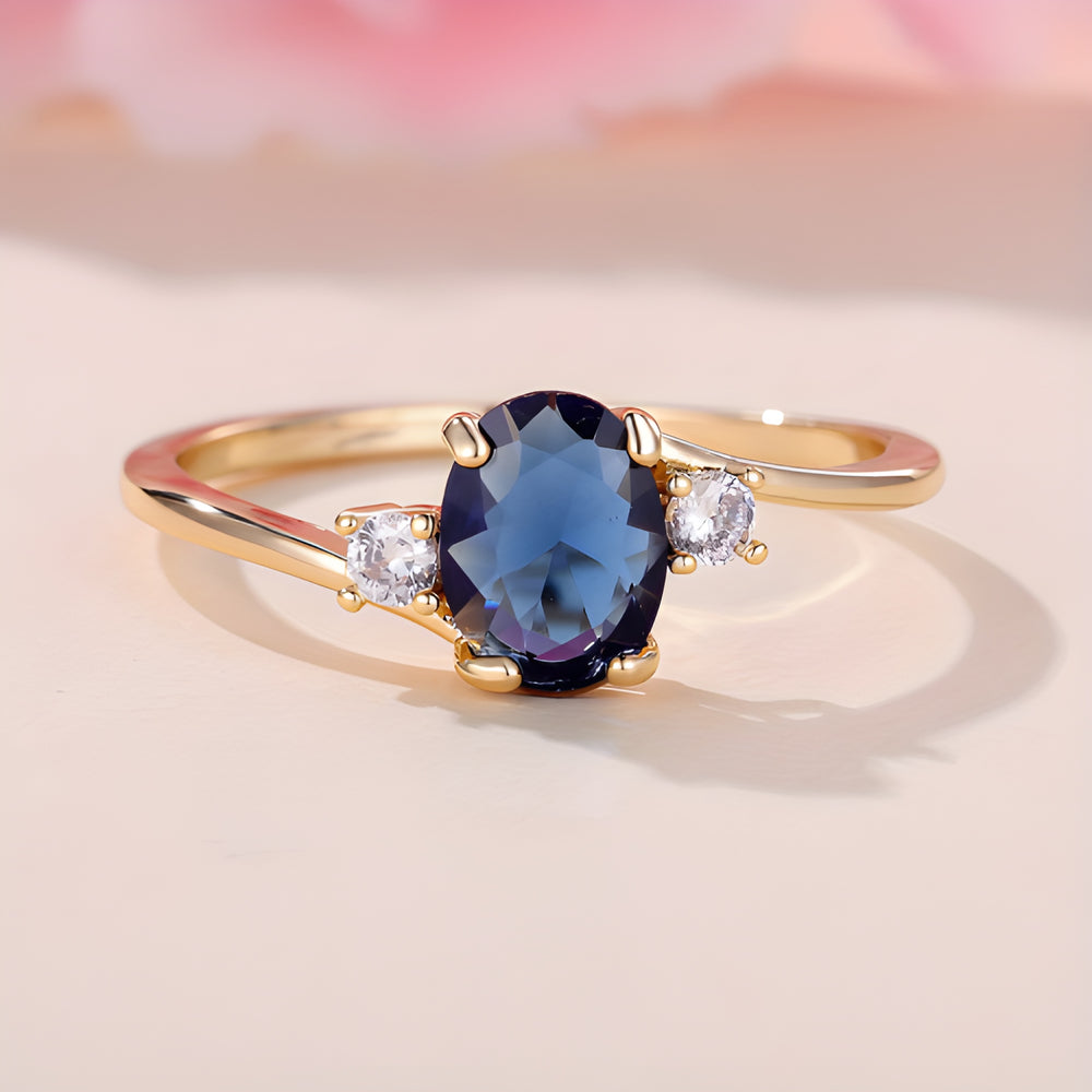 Gold-Tone Royal Blue Crystal Oval Three-Stone Ring