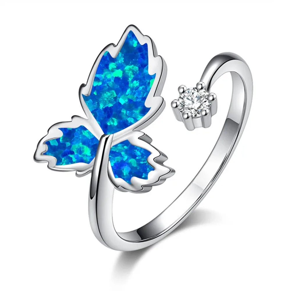 Silver-Tone Open Blue Simulated Opal Leaf Ring