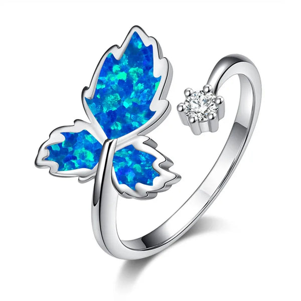 Silver-Tone Open Blue Simulated Opal Leaf Ring