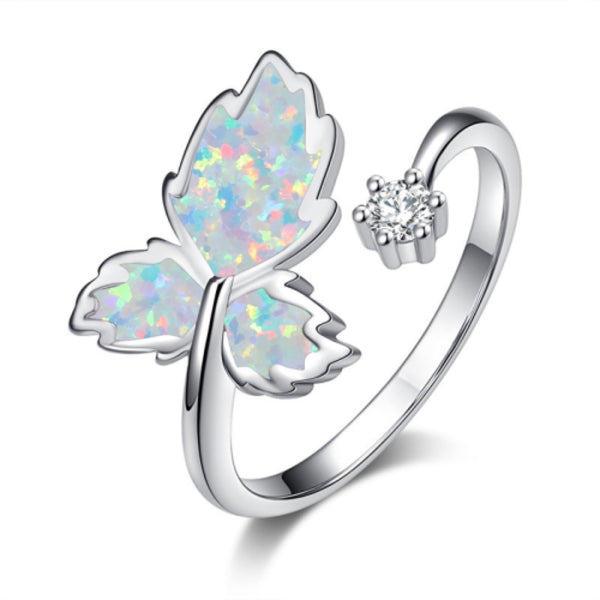 Silver-Tone White Simulated Opal Butterfly Adjustable Open Ring