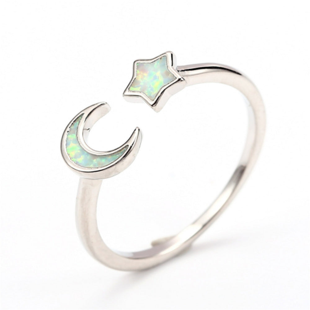 Silver-Tone Open White Simulated Opal Star Ring
