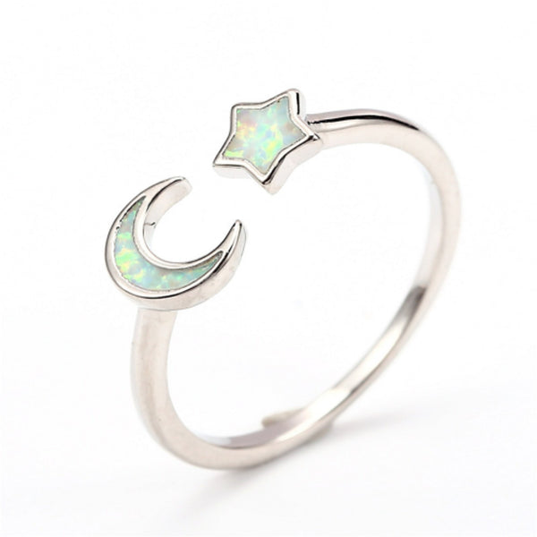 Silver-Tone Open White Simulated Opal Star Ring