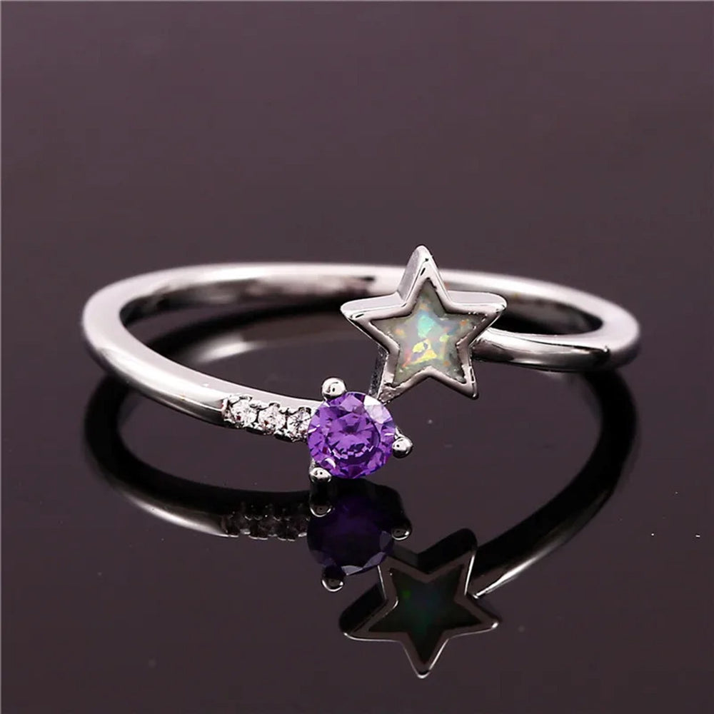Silver-Tone Three-Prong White Round Simulated Opal Five-Point Star Ring