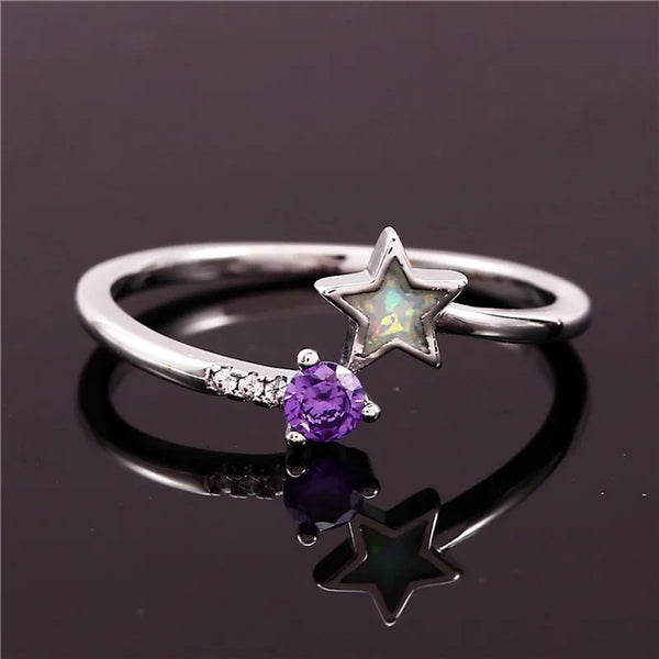 Silver-Tone Three-Prong White Round Simulated Opal Five-Point Star Ring