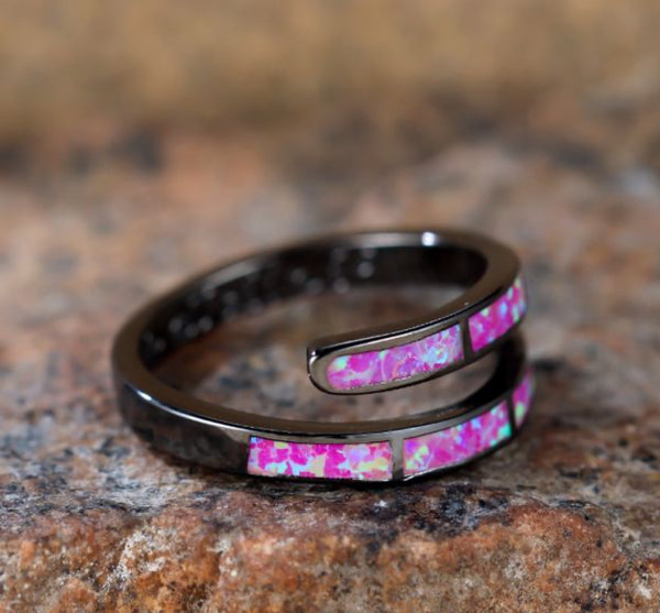 Black & Gold-Tone Purple Simulated Opal Inlay Wrap Open Ring