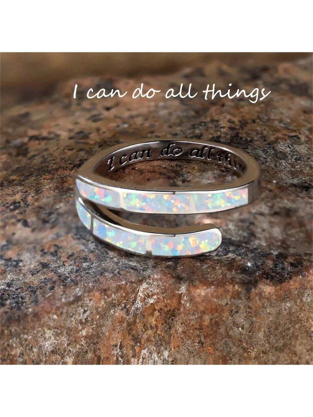 Silver-Tone Blue Simulated Opal Inlay Wrap Ring With Engraved Message