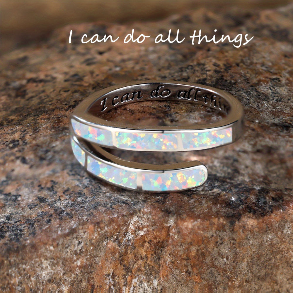Silver-Tone White Simulated Opal Inlay Wrap Ring With Engraved Message