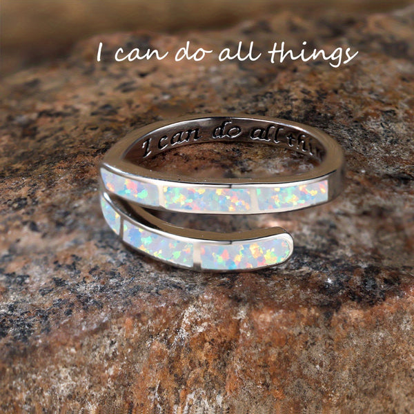 Silver-Tone White Simulated Opal Inlay Wrap Ring With Engraved Message