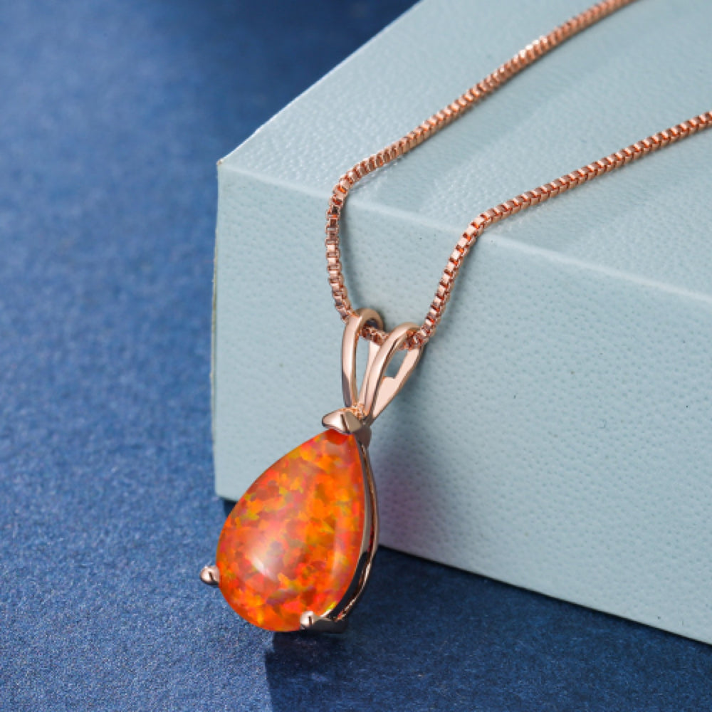 Rose Gold-Tone Teardrop Orange Simulated Opal Solitaire Pendant Necklace