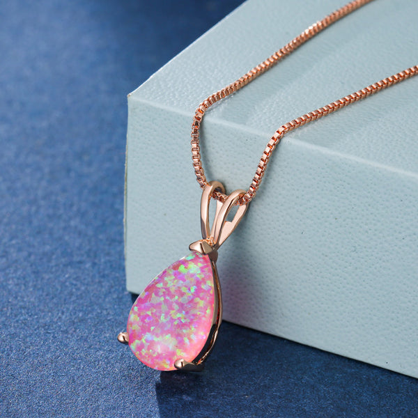 Rose Gold-Tone Pink Simulated Opal Teardrop Solitaire Necklace