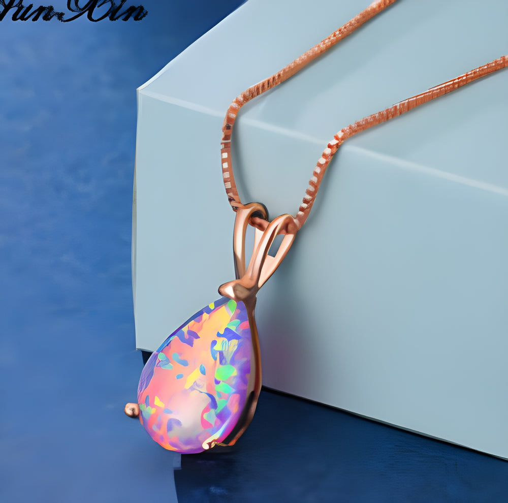 Rose Gold-Tone Purple Simulated Opal Teardrop Solitaire Necklace