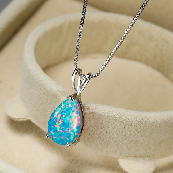 Silver-Tone Teardrop Blue Simulated Opal Solitaire Pendant Necklace
