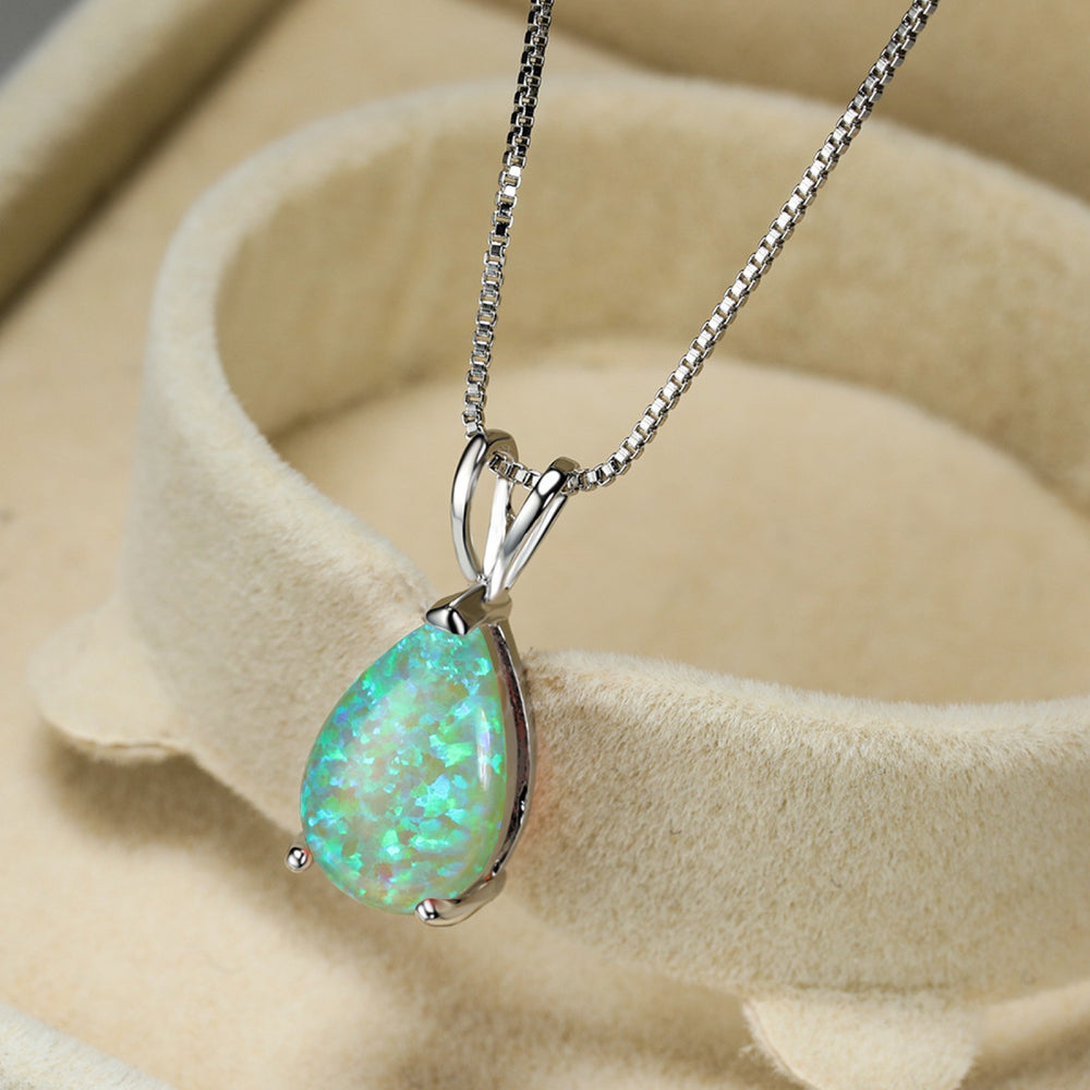 Silver-Tone Teardrop Green Simulated Opal Solitaire Pendant Necklace