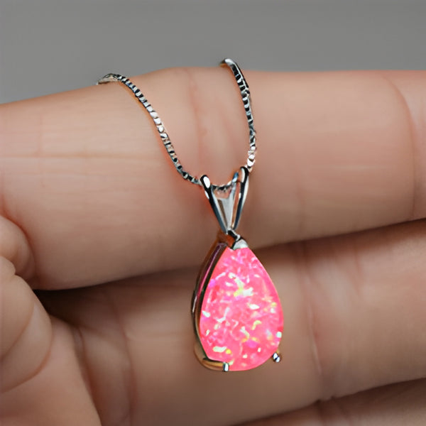 Silver-Tone Teardrop Pink Simulated Opal Solitaire Pendant Necklace