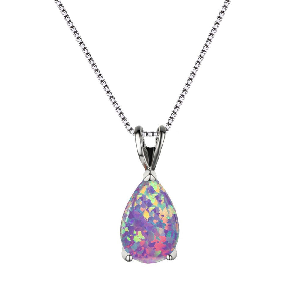 Silver-Tone Purple Simulated Opal Teardrop Solitaire Pendant Necklace