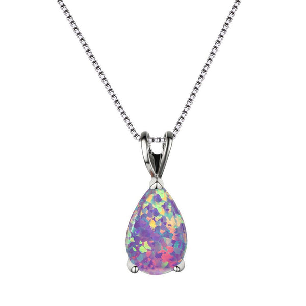 Silver-Tone Purple Simulated Opal Teardrop Solitaire Pendant Necklace