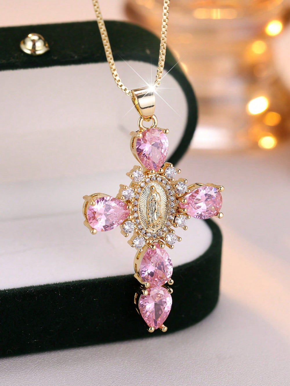Gold-Tone Pink Crystal Cross Virgin Mary Medallion Pendant Necklace