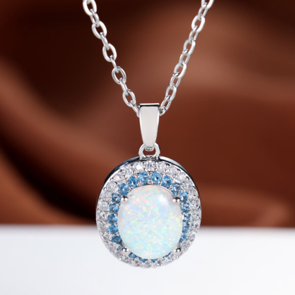 Silver-Tone White Simulated Opal Oval Double Halo Pendant Necklace
