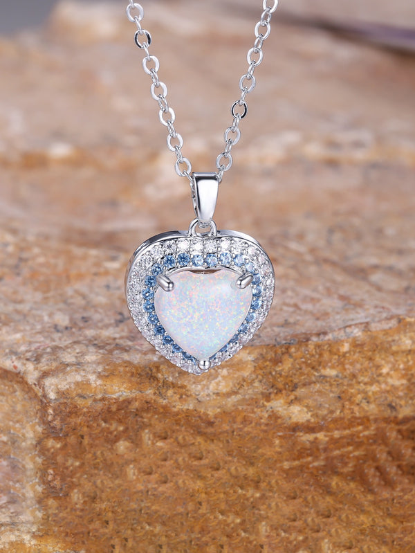 Silver-Tone Heart White Simulated Opal Blue Crystal Halo Necklace