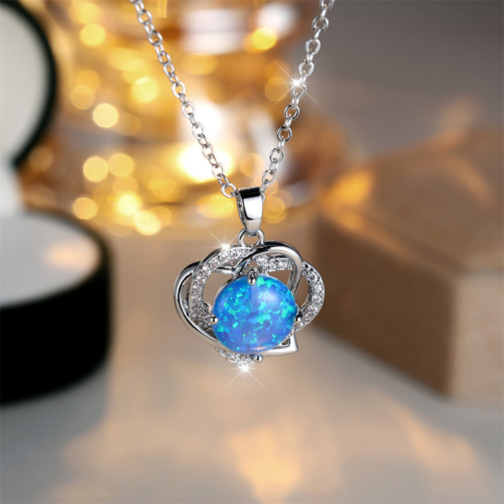 Silver-Tone Blue Simulated Opal Interlocking Double Heart Pendant Necklace