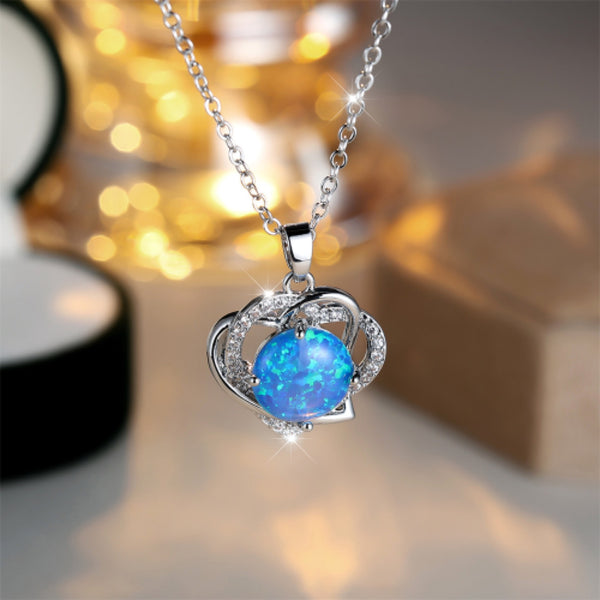 Silver-Tone Blue Simulated Opal Interlocking Double Heart Pendant Necklace