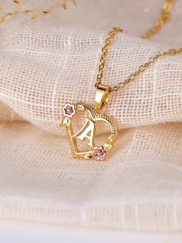 Gold-Tone Letter R Open Heart Pendant Necklace With Rose Gold-Tone Flowers