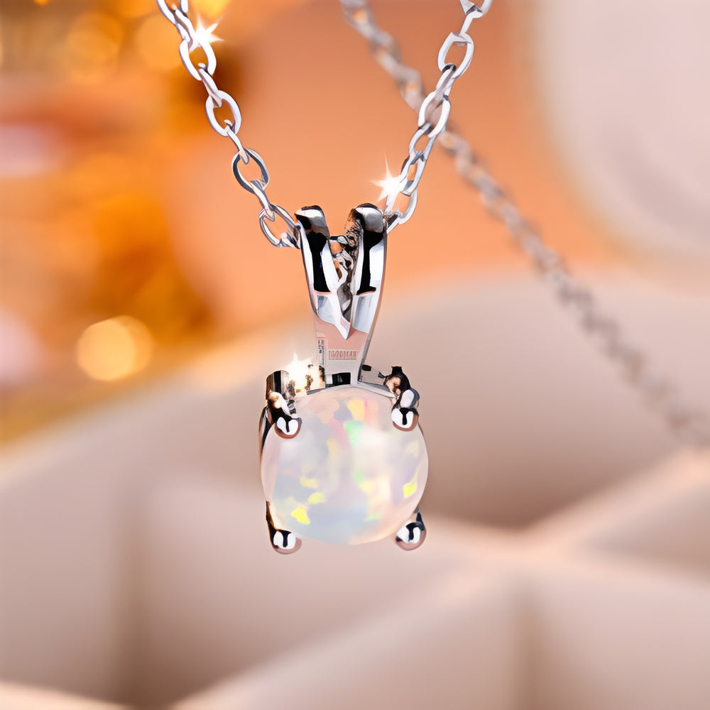 Silver-Tone Round White Simulated Opal Four-Prong Solitaire Pendant Necklace