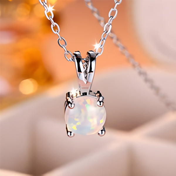 Silver-Tone Round White Simulated Opal Four-Prong Solitaire Pendant Necklace