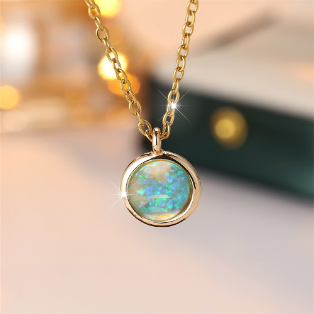 Gold-Tone Green Simulated Opal Round Bezel Minimalist Necklace