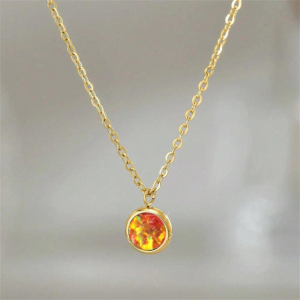 Gold-Tone Orange Simulated Opal Round Bezel Minimalist Necklace