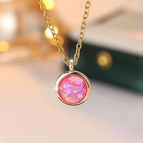 Gold-Tone Pink Simulated Opal Round Bezel Minimalist Necklace