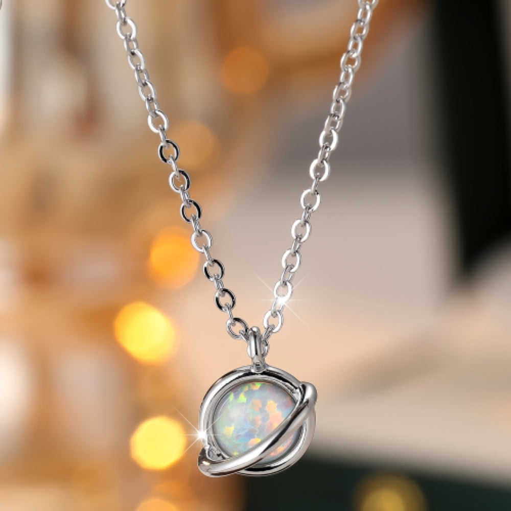 Silver-Tone White Simulated Opal Orbit Wrap Round Pendant Necklace