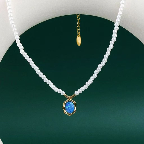 Champagne Gold-Tone Blue Simulated Opal Simulated Pearl Bead Necklace