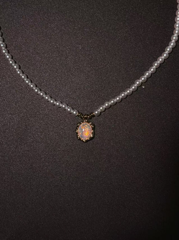 Champagne Gold-Tone White Simulated Opal Simulated Pearl Bead Necklace