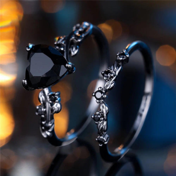 Black & Gold-Tone Black Heart Crystal Two-Piece Ring Set